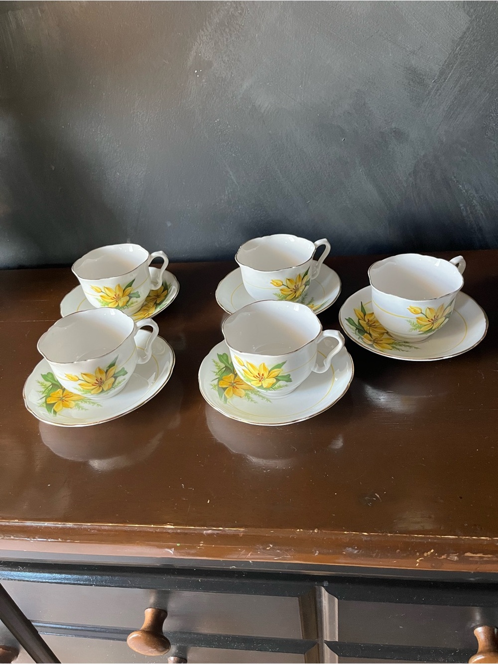 Crown Yellow Floral Porcelain Teacup & Saucer Set - 5 Cups